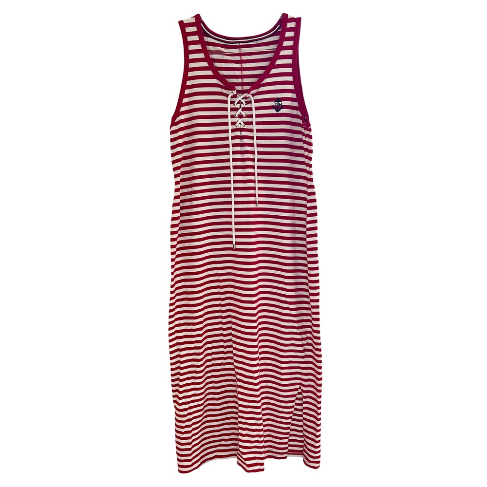 Tommy Hilfiger Red White Striped Lace Up Maxi Dress Nautical Anchor Logo Tank M